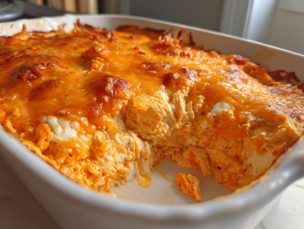 Close-up of a freshly baked Buffalo chicken dip with a bubbly, melted orange cheese topping in a white casserole dish.