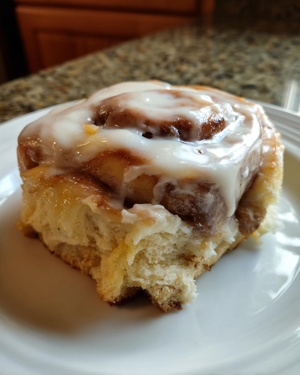 A single, fluffy, homemade cinnamon roll generously topped with white icing, sitting on a white plate.