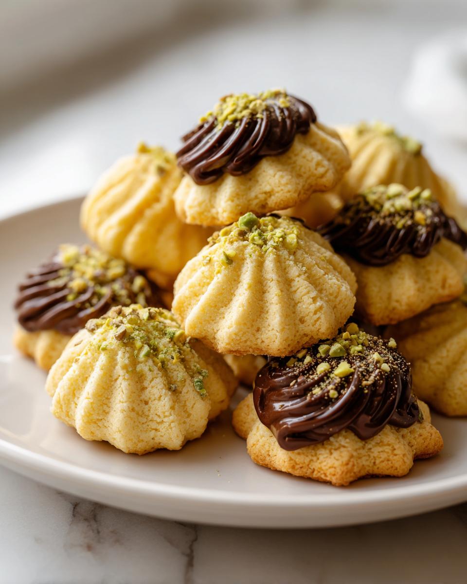 A stack of piped Italian butter cookies topped with chocolate frosting and crushed pistachios on a white plate.