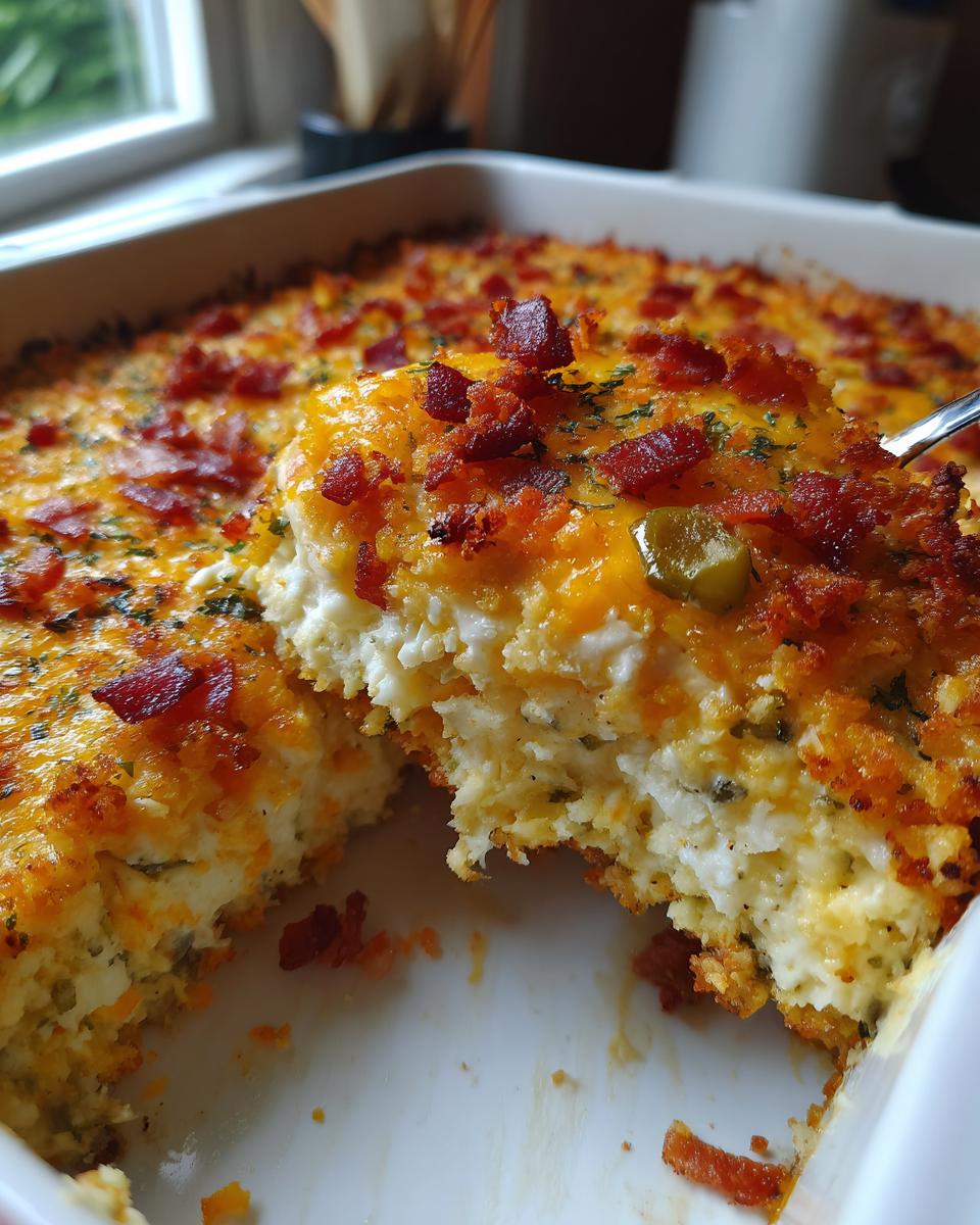 A spoonful of creamy, cheesy Jalapeño Popper Dip topped with bacon bits and a slice of jalapeño.