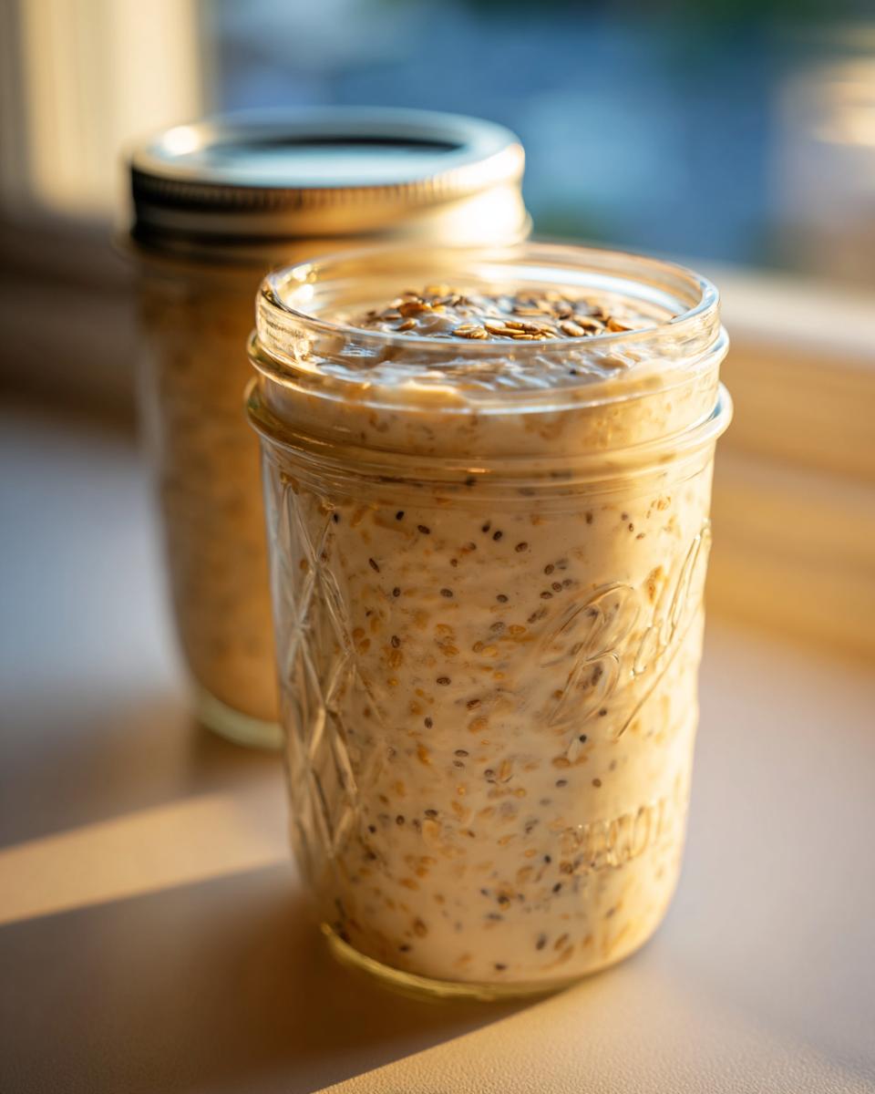 Close-up of creamy overnight oats in a mason jar, topped with seeds, catching warm sunlight.