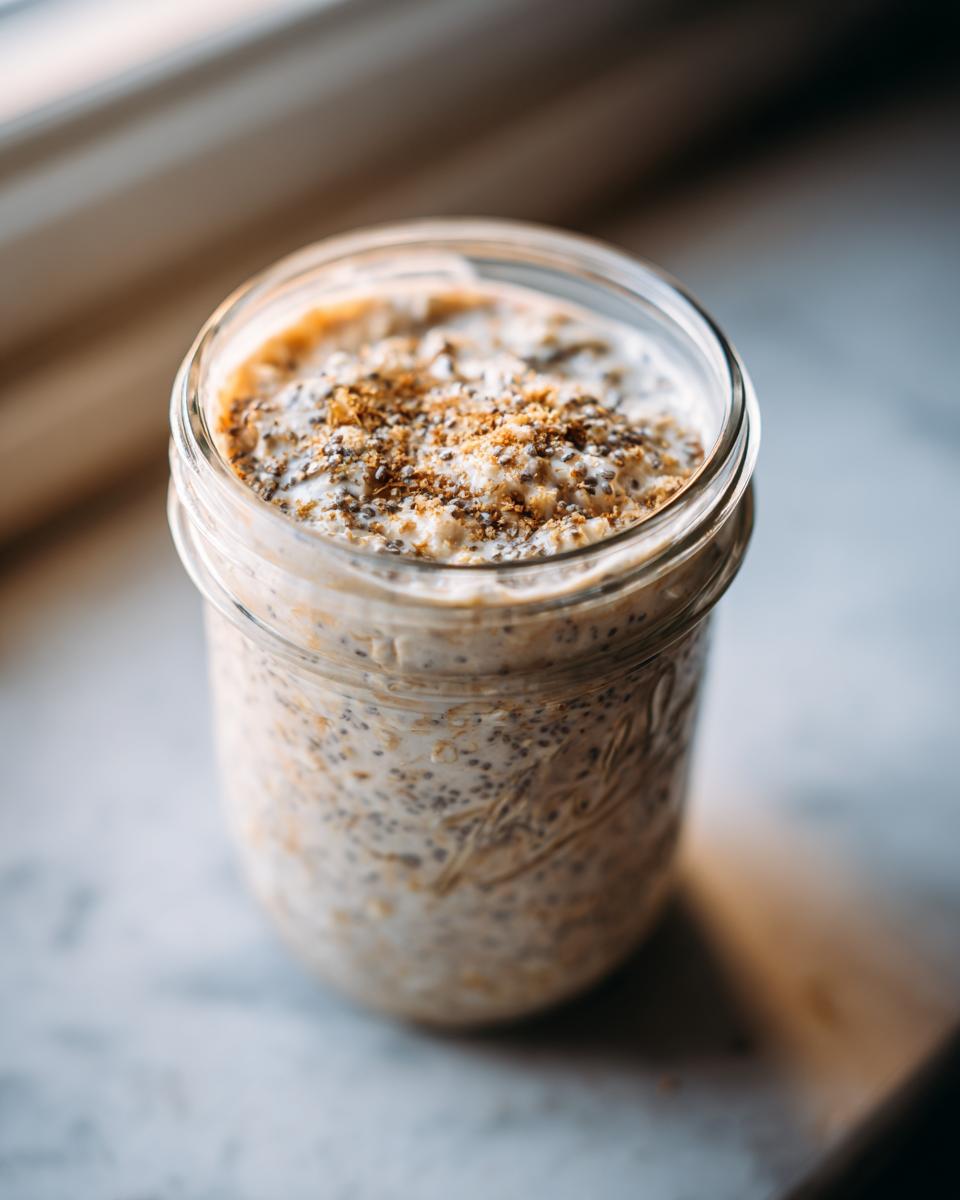 A close-up of overnight oats prepared in a glass jar, topped with chia seeds and cinnamon.