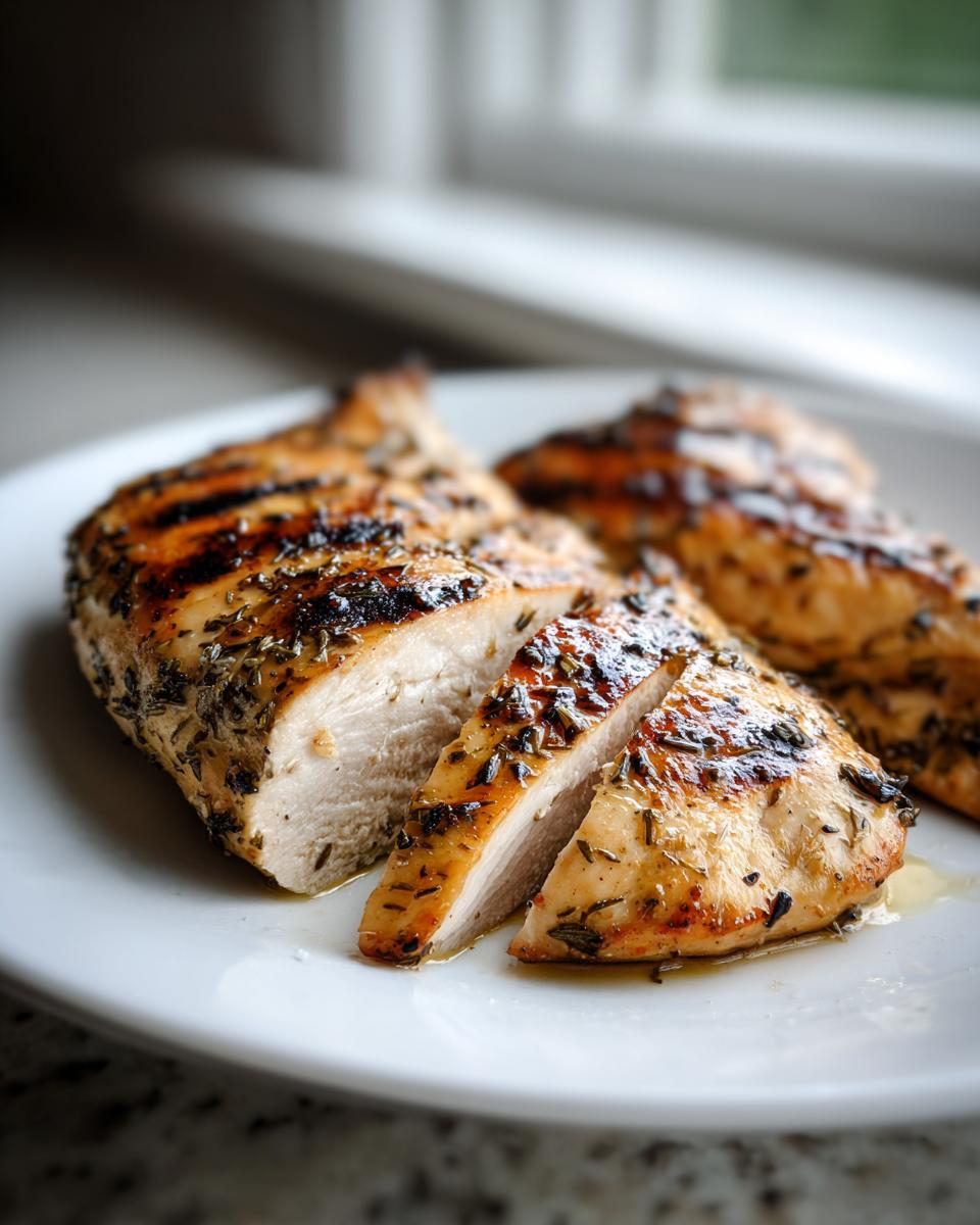 Close-up of perfectly cooked grilled chicken marinade breast, sliced to show juicy interior and herb coating.