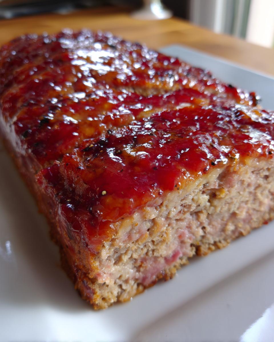 Close-up of a freshly baked Keto meatloaf slice showing its moist interior and shiny red glaze topping.