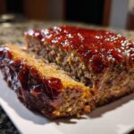 Close-up of a thick slice cut from a juicy Keto meatloaf, topped with a shiny, dark red glaze.
