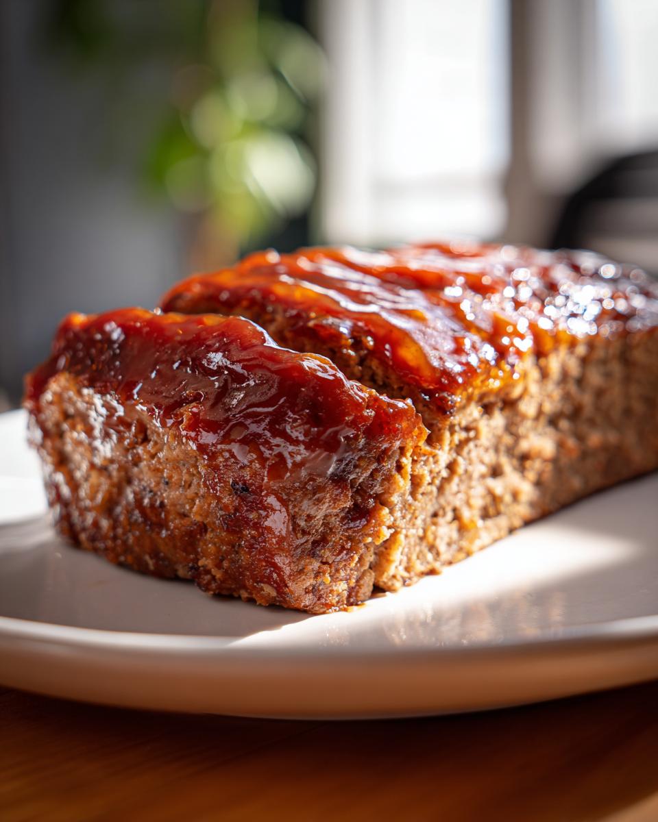 Close-up of a slice of juicy Keto meatloaf topped with a thick, shiny glaze.