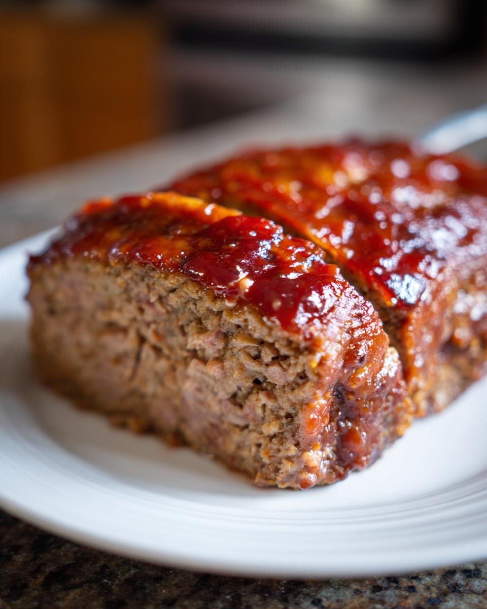 Close-up of a thick slice of juicy Keto meatloaf topped with a glossy, rich red glaze on a white plate.