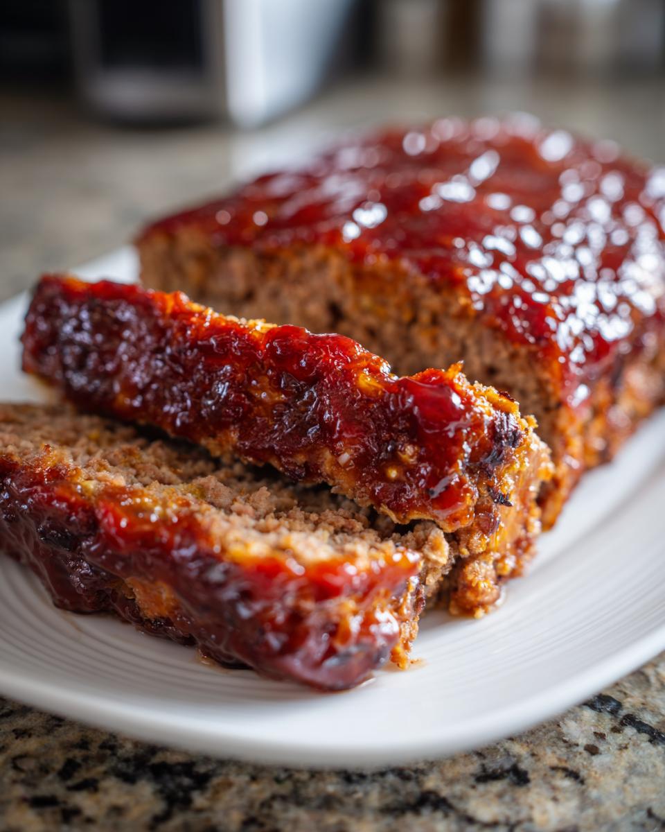 Two thick slices of juicy Keto meatloaf topped with a shiny, thick red glaze, served on a white plate.
