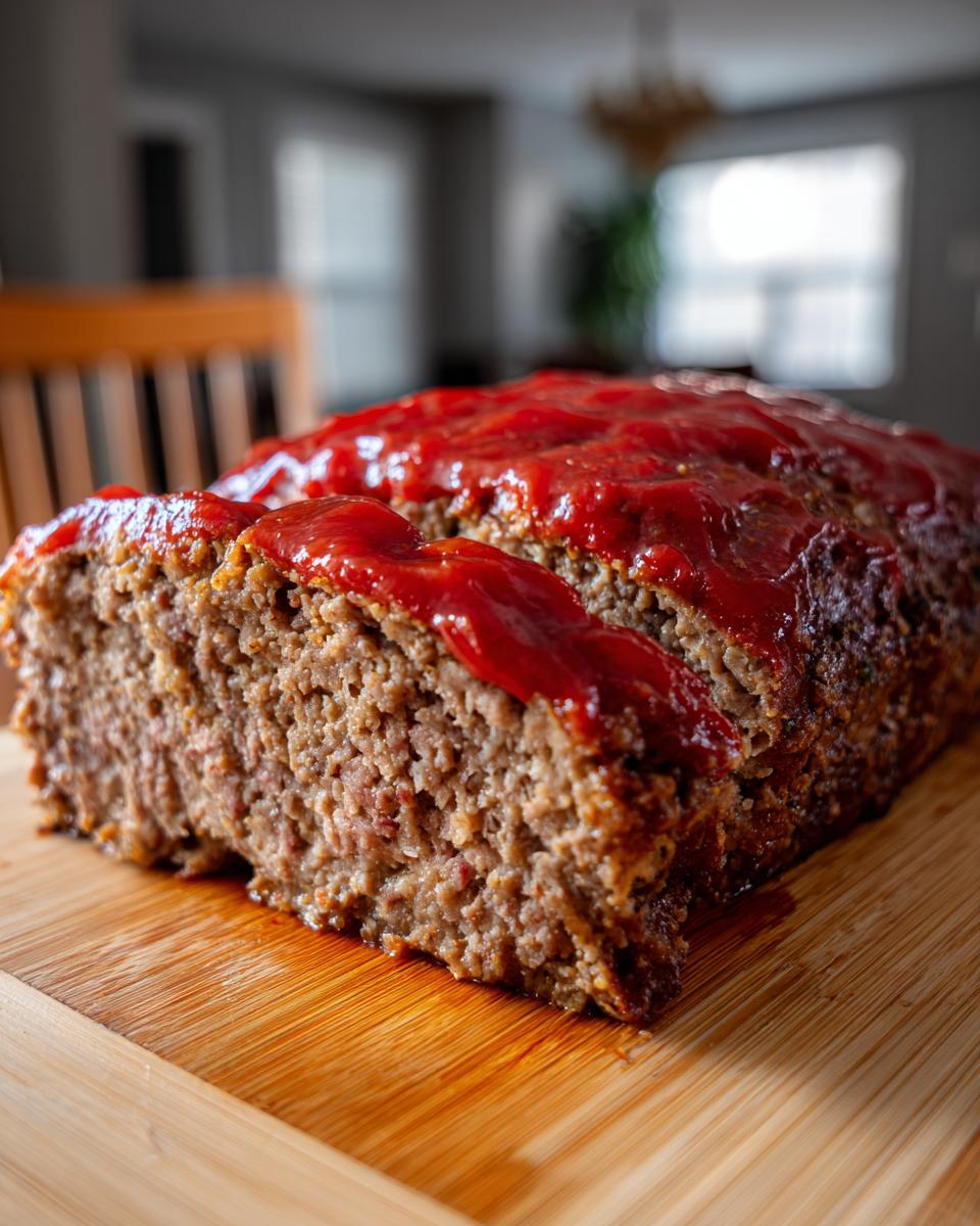 Close-up of a freshly baked, juicy meatloaf with a thick, bright red ketchup glaze, sliced on a wooden board.