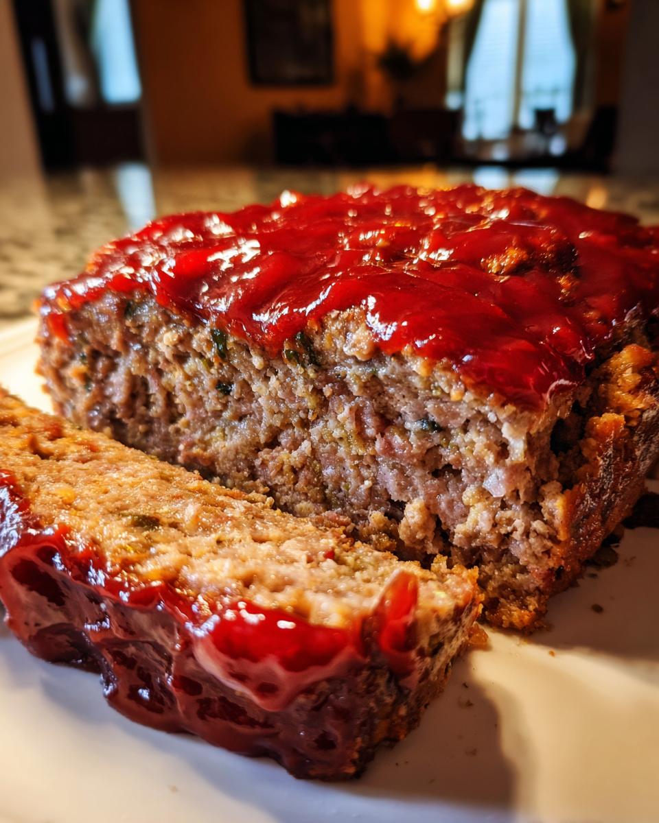 Close-up of a moist, sliced meatloaf topped with a thick, glossy red glaze.