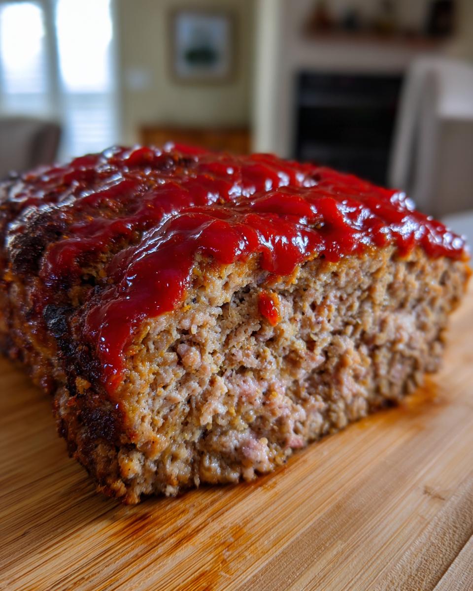 Close-up of a thick slice of juicy meatloaf topped with a bright red ketchup glaze, resting on a wooden cutting board.