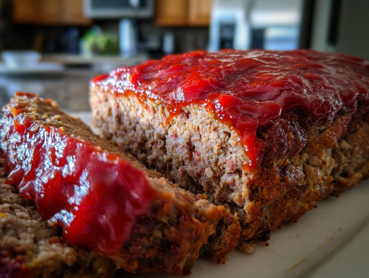Close-up of a freshly baked meatloaf, sliced to show the texture, topped with a thick, glossy red glaze.