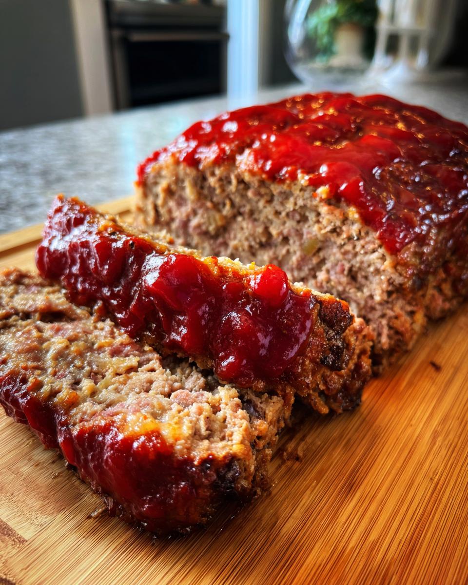 Close-up of a sliced, juicy meatloaf topped with a thick, glossy red glaze, resting on a wooden cutting board.