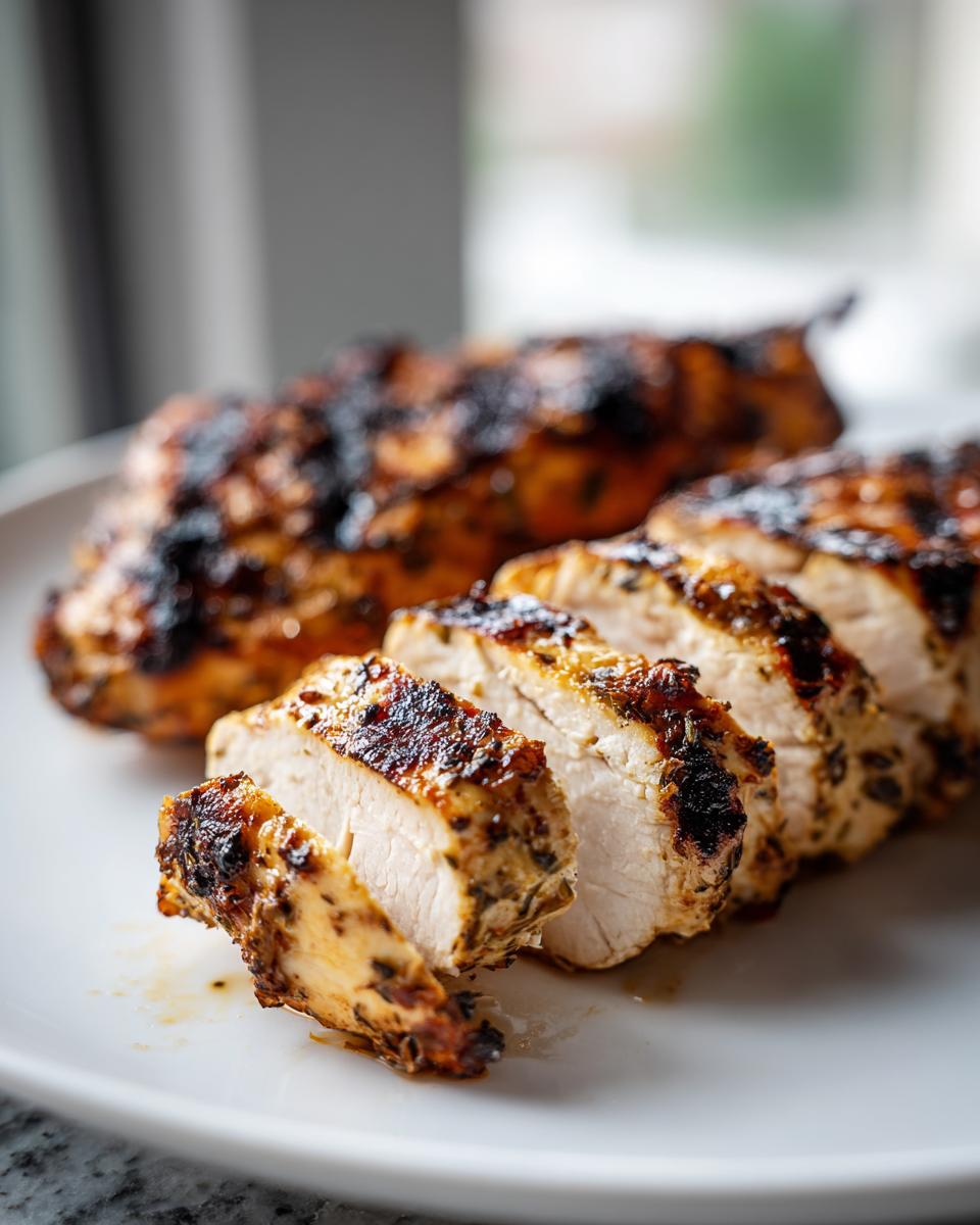 Close-up of sliced, juicy grilled chicken breast showing char marks from the grilled chicken marinade.