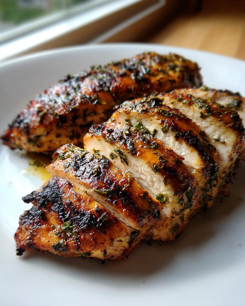 Close-up of sliced, juicy chicken breast showing char marks and herbs from the grilled chicken marinade.