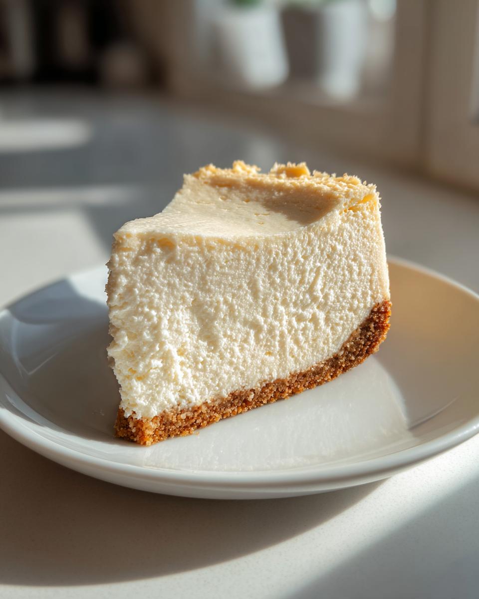 A thick slice of creamy Keto cheesecake with a golden brown crust on a white plate.