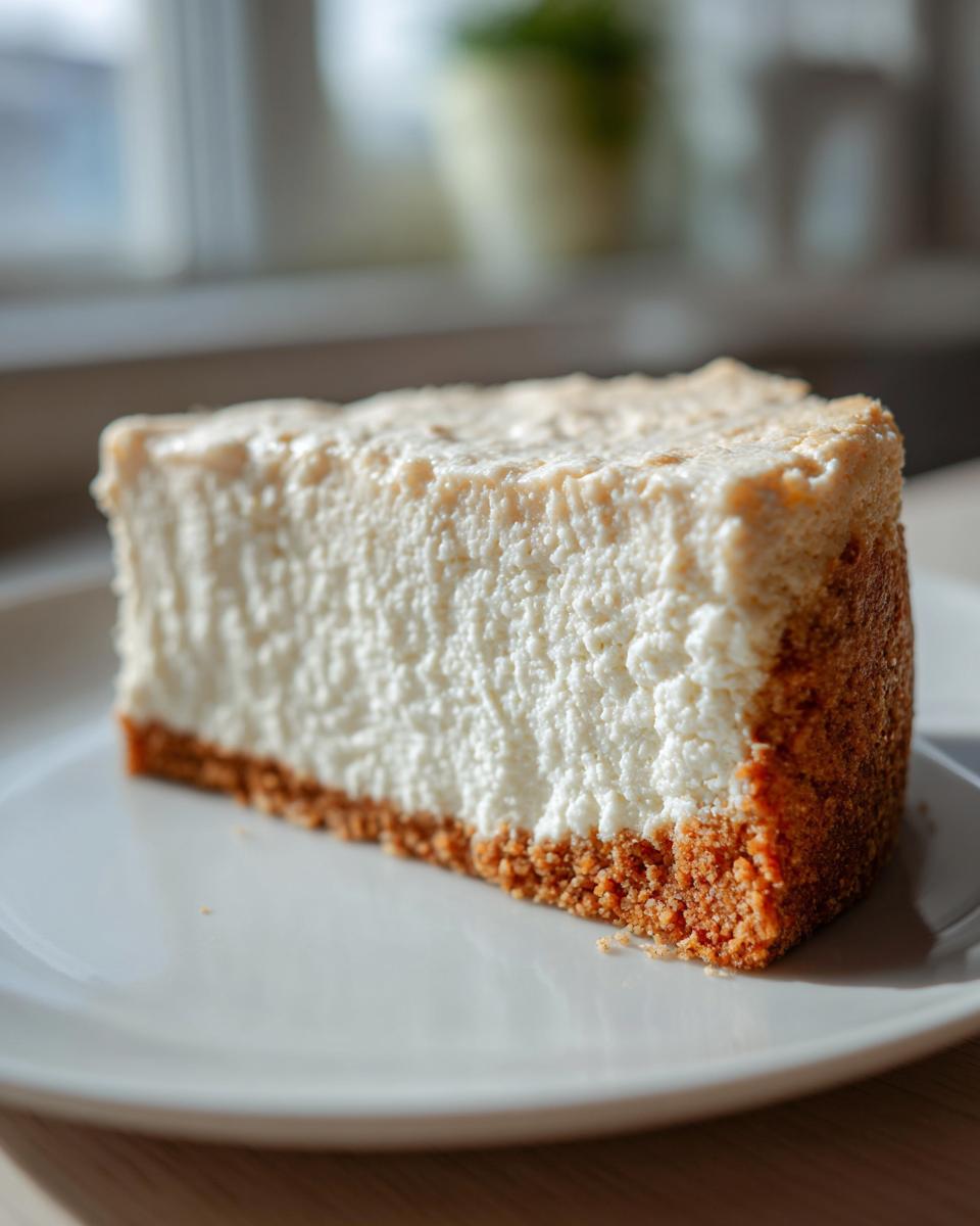 A thick slice of creamy white Keto cheesecake with a golden brown crust, sitting on a white plate.