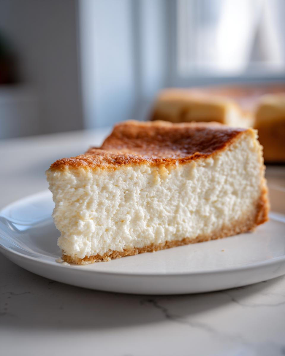 A thick slice of creamy Keto cheesecake with a golden-brown top resting on a white plate.
