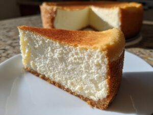 Close-up of a thick slice of creamy Keto cheesecake with a golden-brown top and crust, served on a white plate.