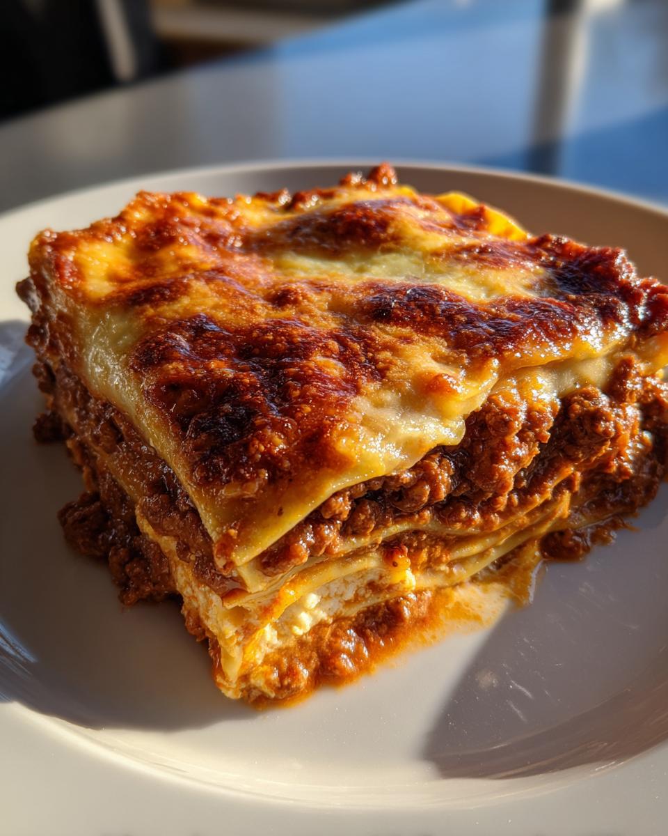 A thick slice of layered Lasagna with Cottage Cheese, showing rich meat sauce and a perfectly browned, bubbly cheese top.
