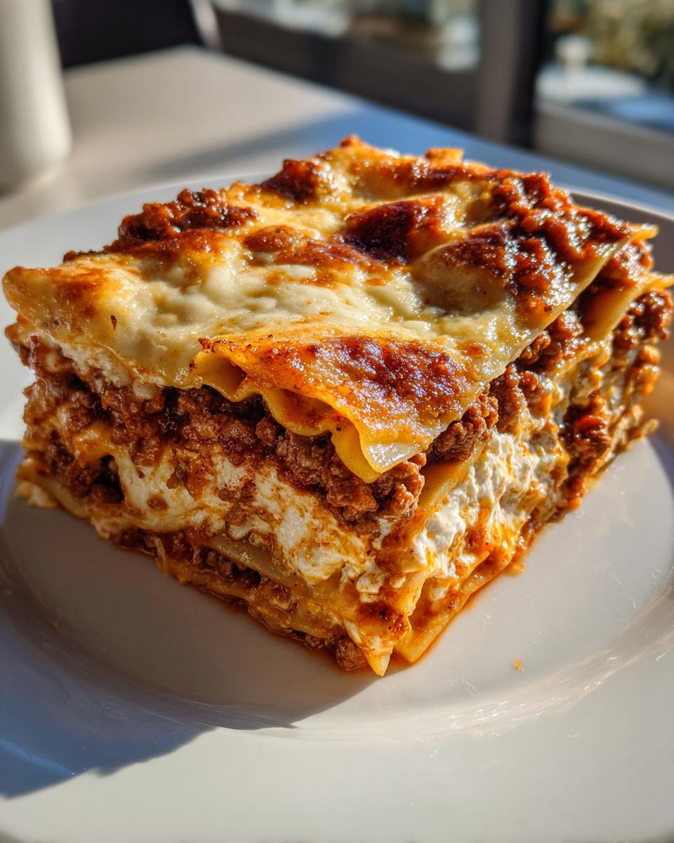 A thick, multi-layered slice of Lasagna with Cottage Cheese featuring rich meat sauce and browned cheese topping.
