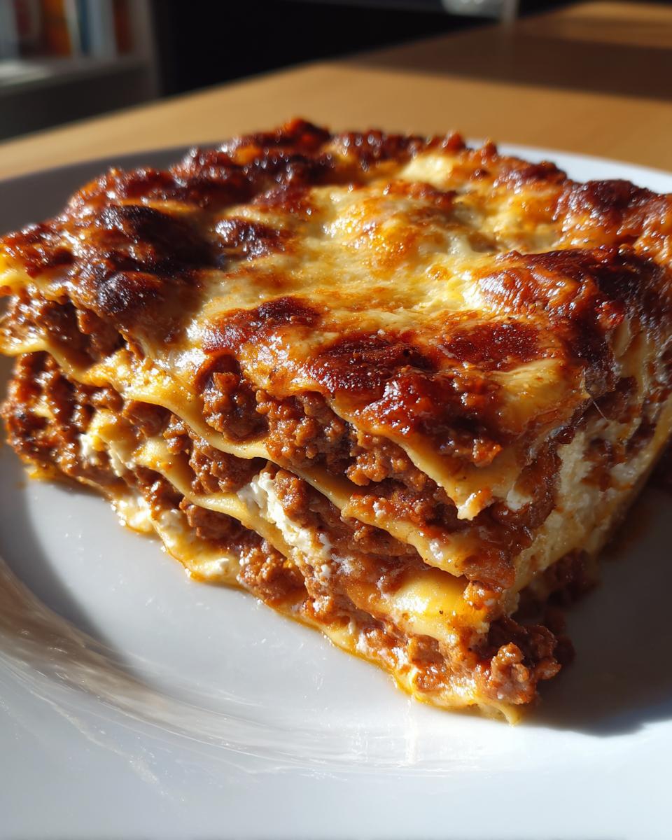 A close-up, sunlit slice of Lasagna with Cottage Cheese showing multiple layers of pasta, rich meat sauce, and white cheese filling.