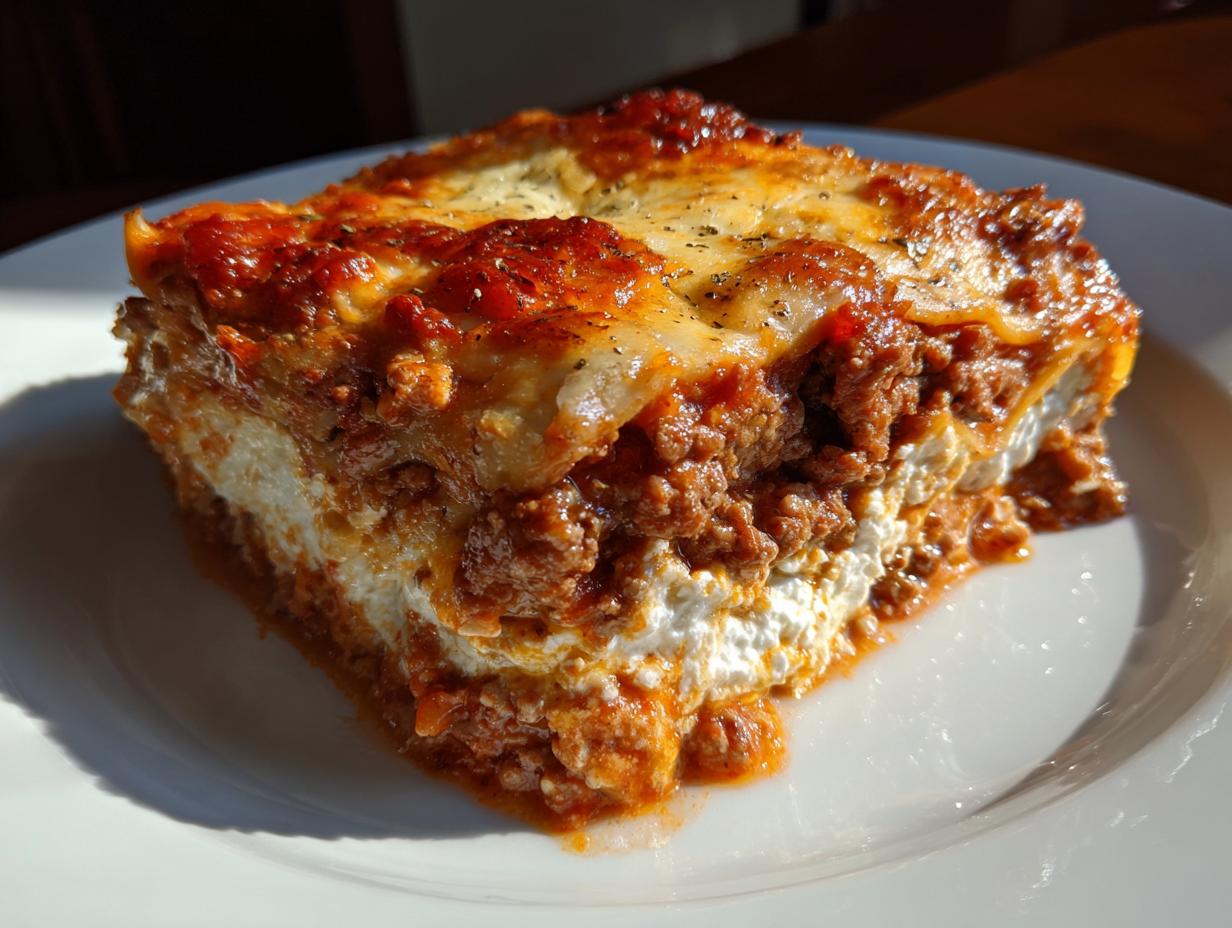 A close-up slice of lasagna with cottage cheese layers, rich meat sauce, and melted cheese topping.