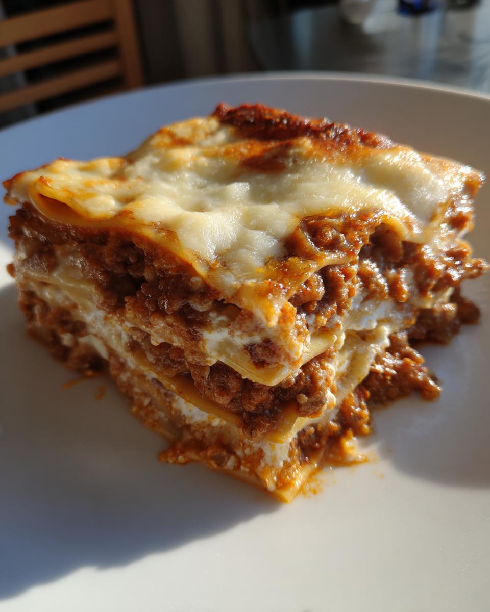 A thick, layered slice of Lasagna with Cottage Cheese, featuring rich meat sauce and melted cheese topping.