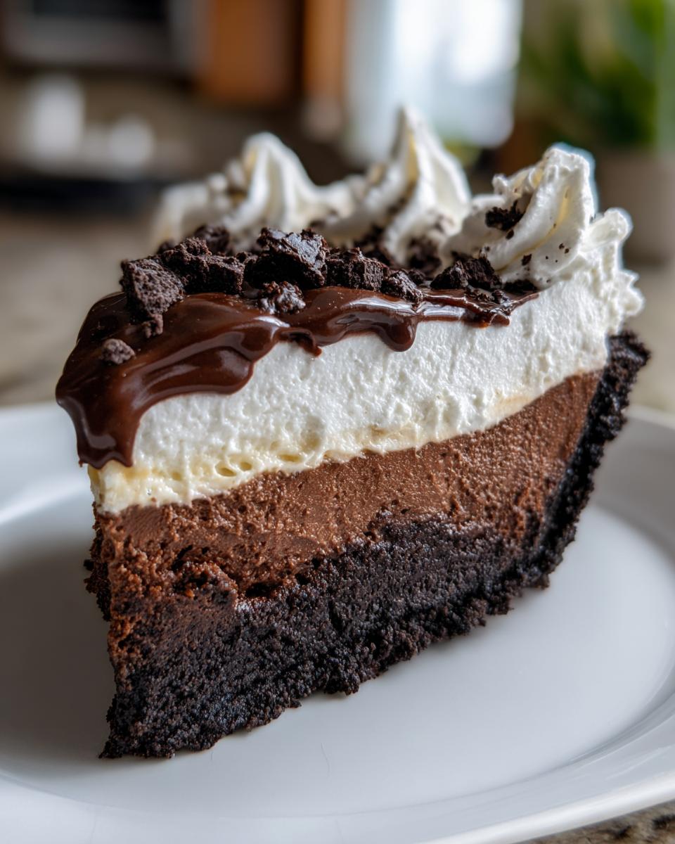 A decadent slice of layered chocolate mud pie featuring a dark crust, two chocolate mousse layers, white topping, fudge drizzle, and cookie crumbles.