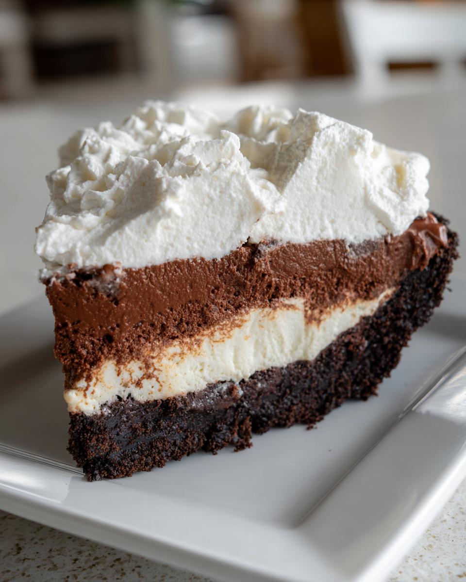 A thick, layered slice of chocolate mud pie featuring a dark crust, white filling, chocolate mousse, and topped with whipped cream.
