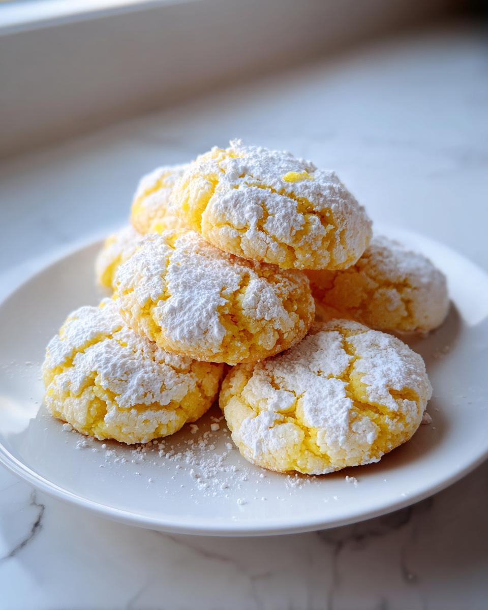 A small stack of bright yellow lemon crinkle cookies generously dusted with powdered sugar on a white plate.
