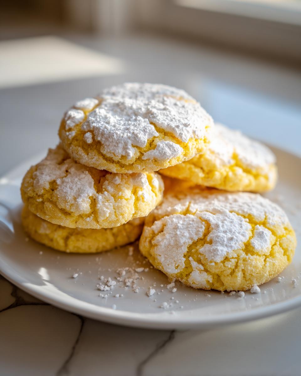A stack of bright yellow lemon crinkle cookies heavily dusted with powdered sugar on a white plate.
