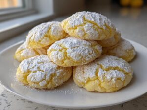 A close-up stack of bright yellow lemon crinkle cookies heavily dusted with white powdered sugar on a white plate.