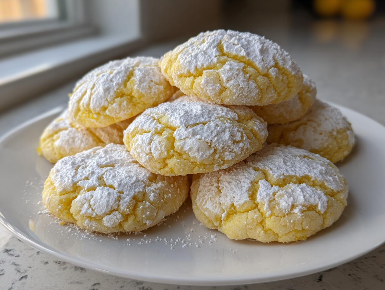 A close-up stack of bright yellow lemon crinkle cookies heavily dusted with white powdered sugar on a white plate.