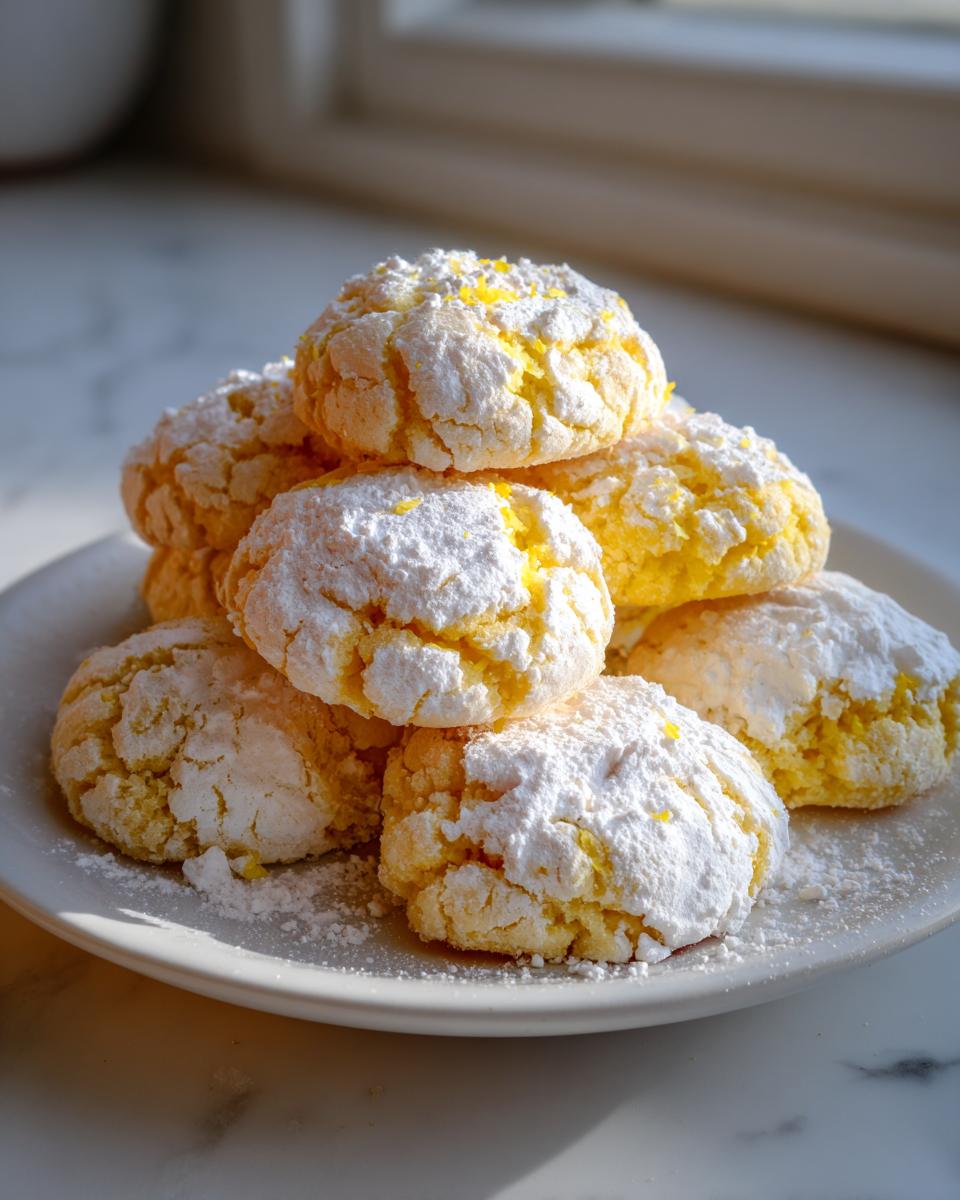A stack of bright yellow lemon crinkle cookies heavily dusted with powdered sugar on a white plate.