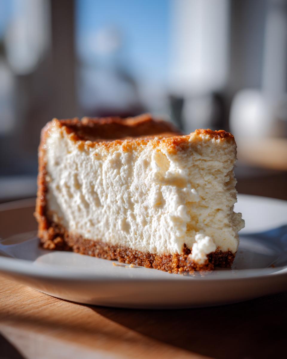 Close-up of a thick slice of creamy Keto cheesecake with a dark crust, served on a white plate.