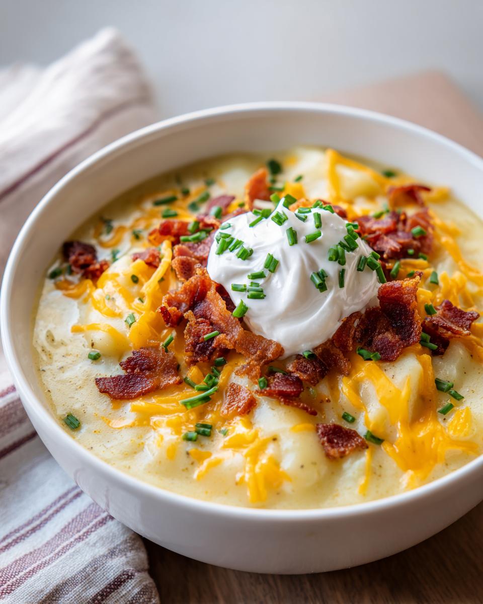 A close-up of a bowl of Loaded Baked Potato Soup topped with sour cream, bacon, and chives.