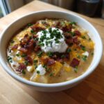 A creamy bowl of Loaded Baked Potato Soup topped generously with melted cheddar, bacon bits, sour cream, and fresh chives.