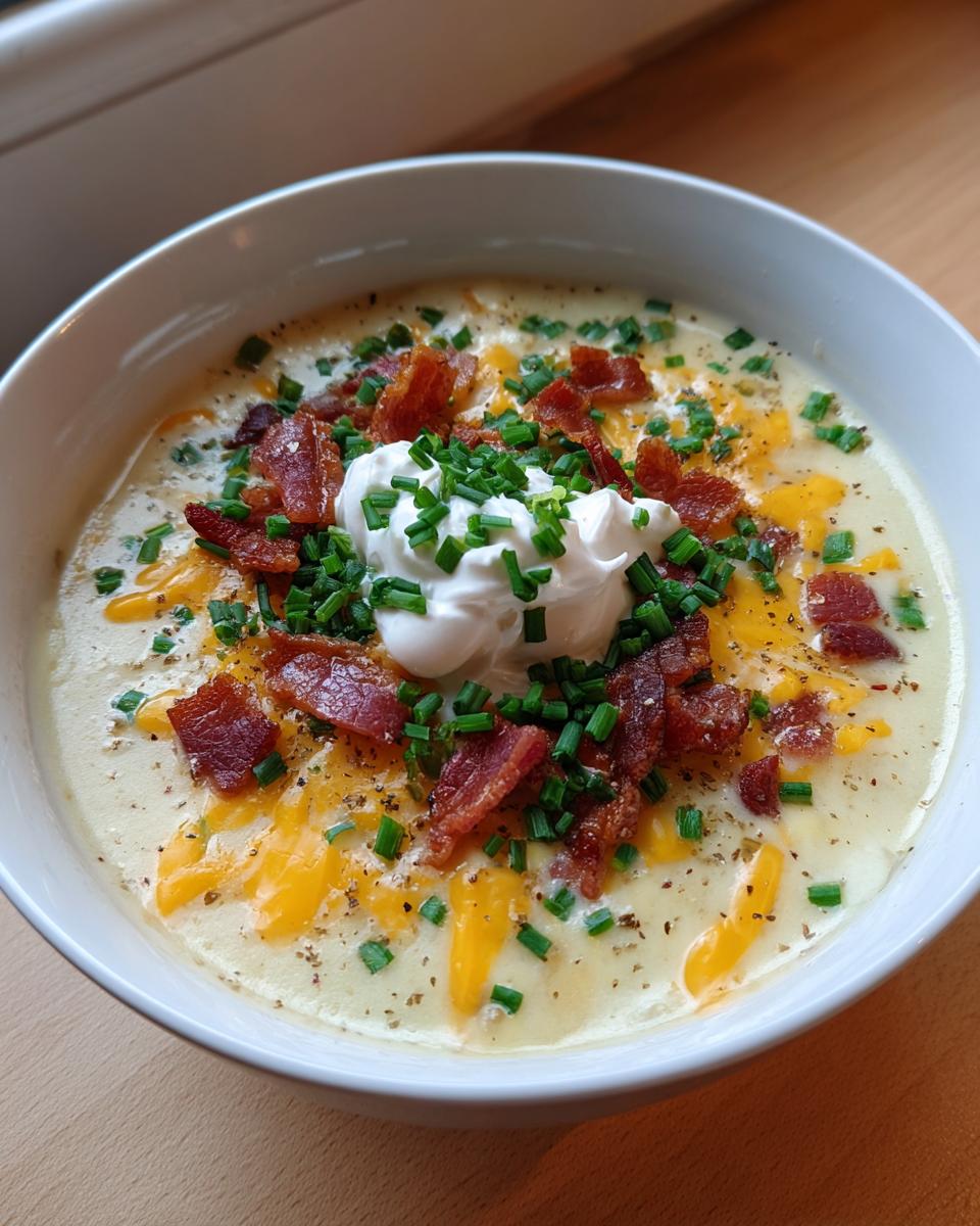 A creamy bowl of Loaded Baked Potato Soup topped with bacon, shredded cheddar, sour cream, and chives.