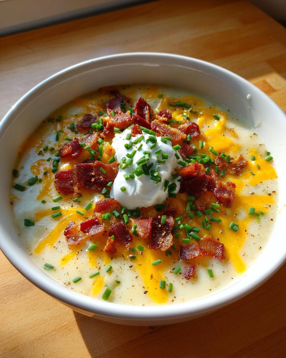 A close-up of a bowl of creamy Loaded Baked Potato Soup, topped with cheddar cheese, bacon bits, sour cream, and fresh chives.