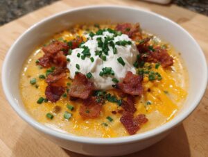A creamy bowl of Loaded Baked Potato Soup topped with melted cheddar, sour cream, crispy bacon bits, and fresh chives.