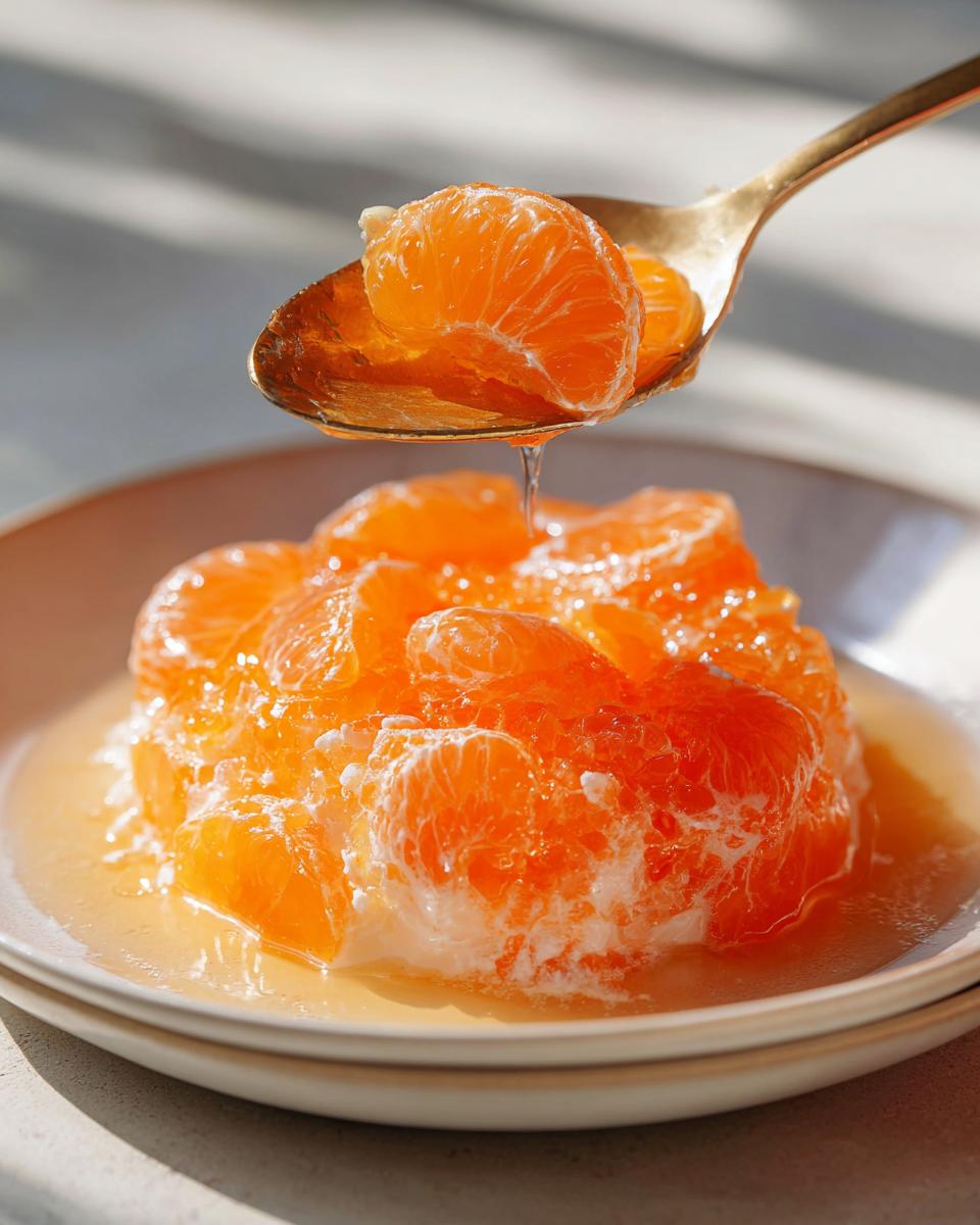 A golden spoon lifts mandarin orange segments from a mound of mandarin orange salad, showing liquid dripping.
