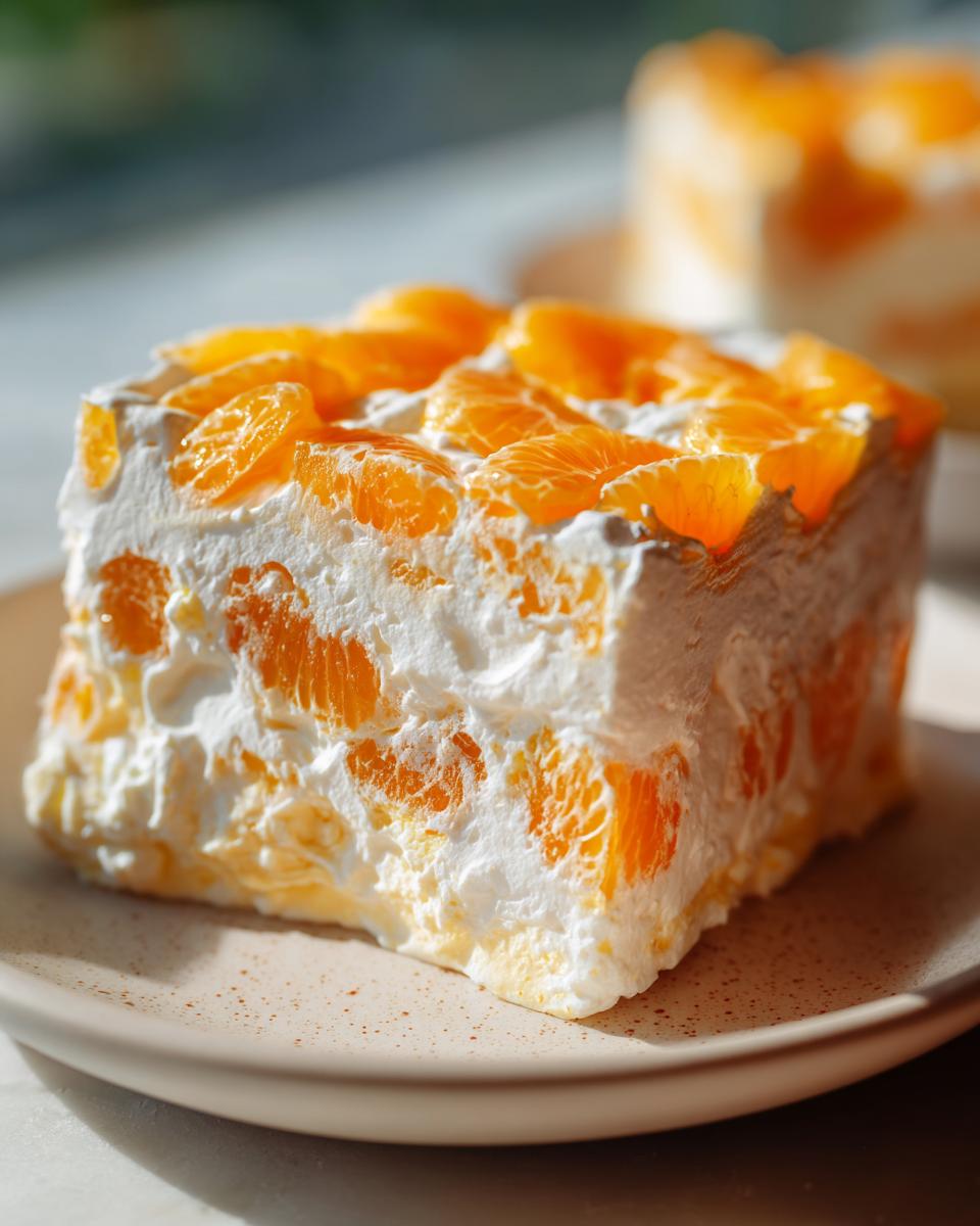 Close-up of a square slice of creamy mandarin orange salad dessert topped with fresh orange segments.