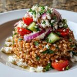 A molded serving of Mediterranean farro salad topped with feta cheese, red onion, cucumber, and tomatoes.