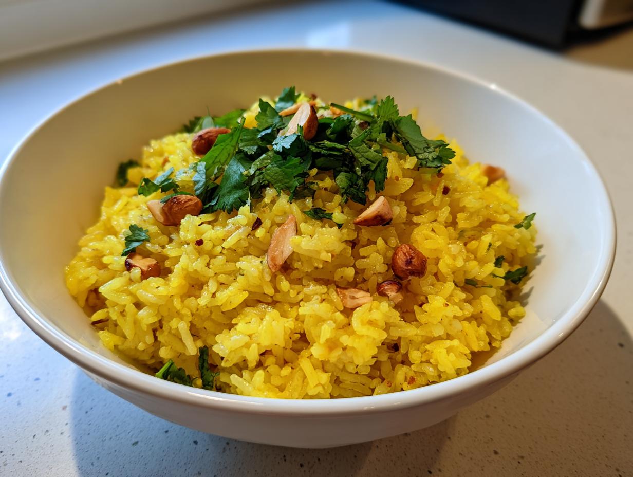 Close-up of bright yellow mediterranean rice topped with fresh cilantro and toasted almonds in a white bowl.