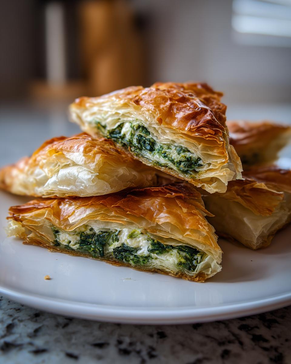 A stack of golden, flaky Mediterranean Spinach and Feta Cheese Crisps cut into triangles, showing the rich green filling.