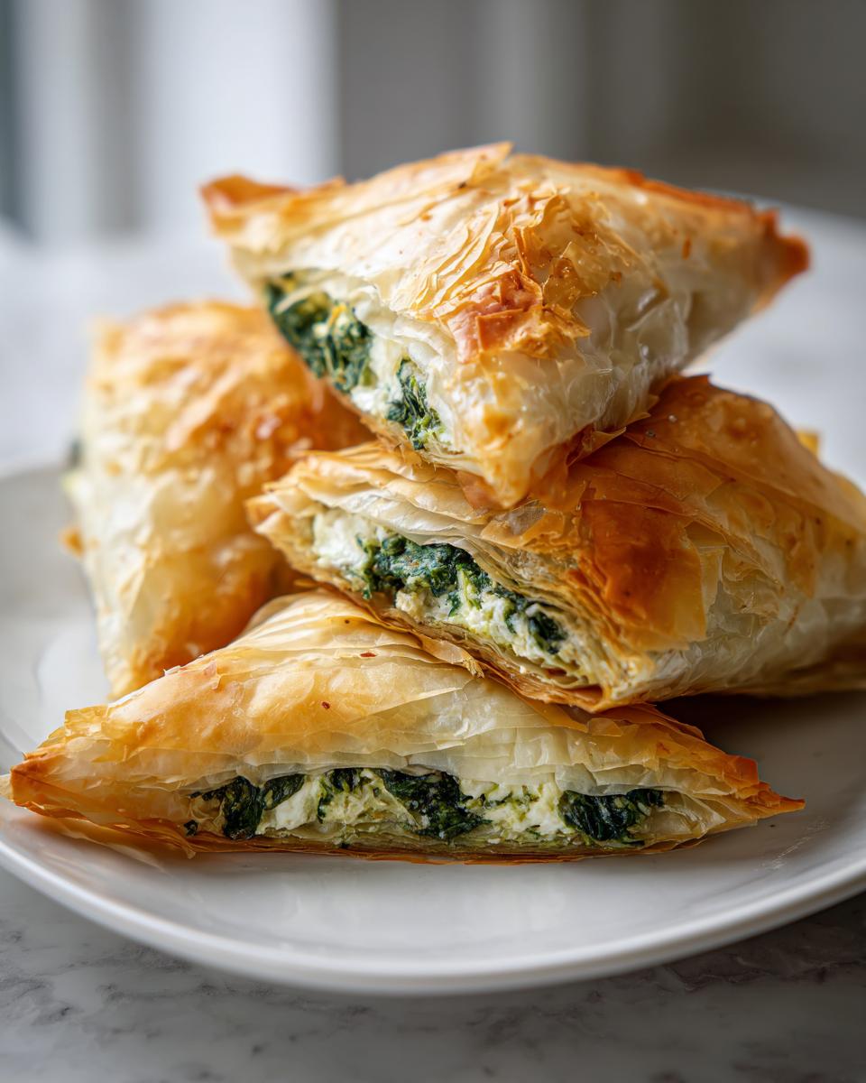 Stack of golden brown, flaky Mediterranean Spinach and Feta Cheese Crisps cut in half showing the filling.
