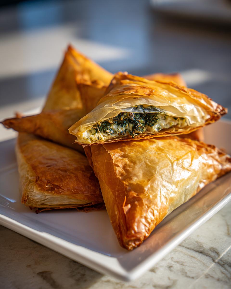 Close-up of golden, flaky Mediterranean Spinach and Feta Cheese Crisps stacked on a white plate.