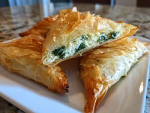 Close-up of golden, flaky Mediterranean Spinach and Feta Cheese Crisps triangles, one cut open showing the filling.