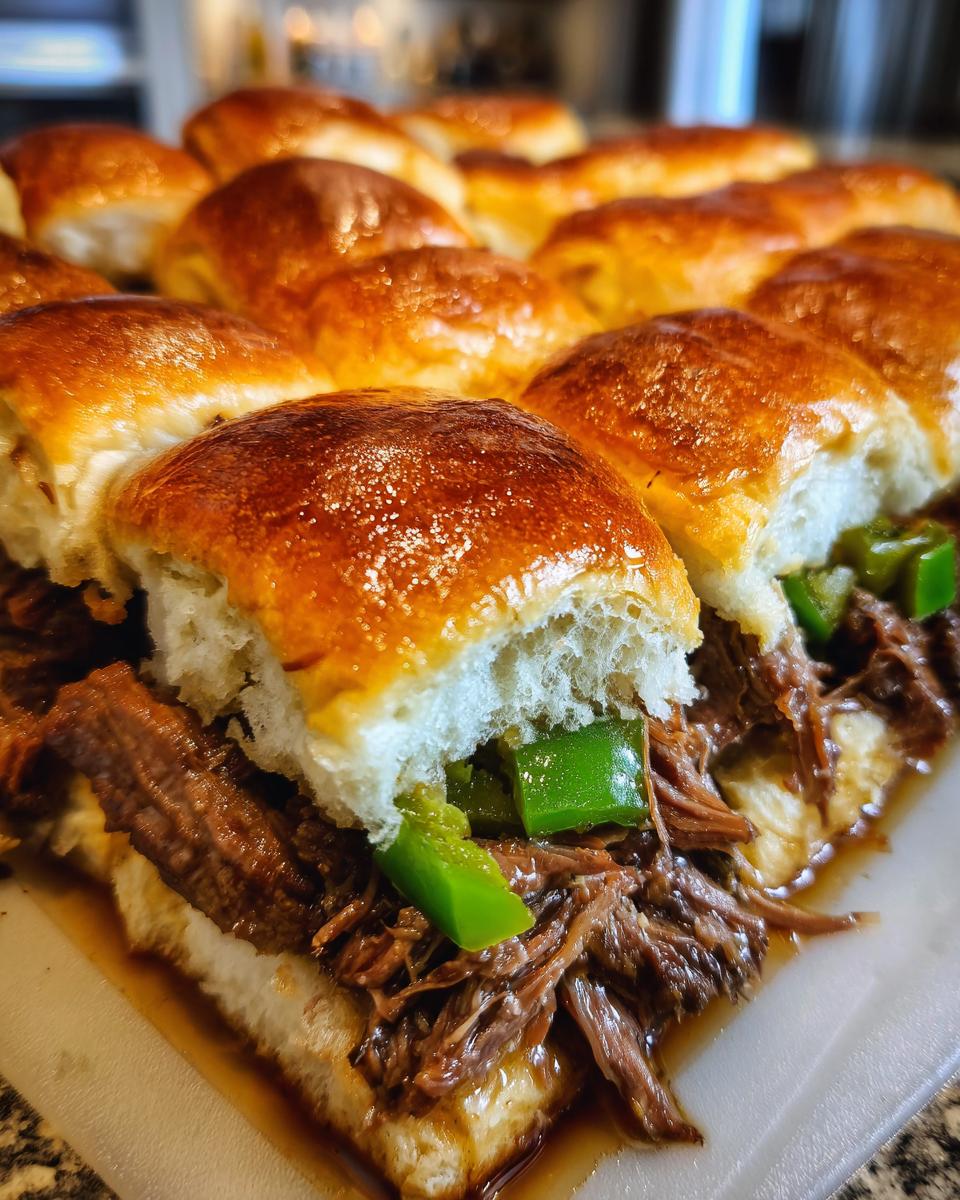 A close-up of freshly baked Mississippi pot roast sliders filled with shredded beef and green peppers.